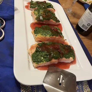 Salmon with Thai pesto and cherry sauce
