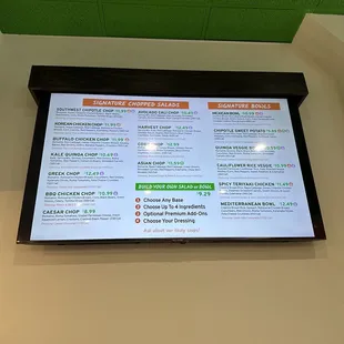 a menu on the wall