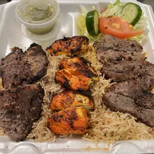 3 meat combo. Lamb, chicken and beef kabob