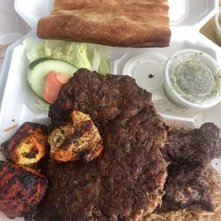 Chicken. Chapli. Shami. Combo Kebab. $20.  Delicious.