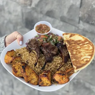 Lamb chop and chicken kabob