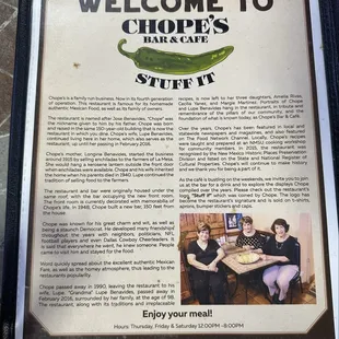 Menu with Chope's story