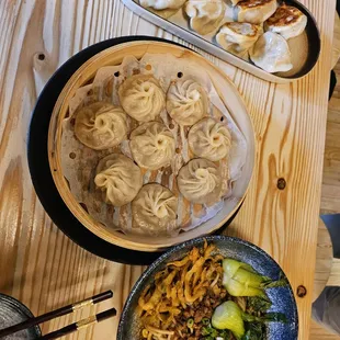 soup dumplings, chicken fried dumplings and dandan noodles