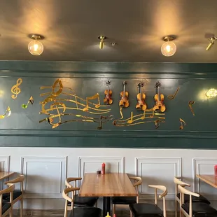 a wall with musical instruments painted on it