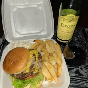 My dinner - $6 burger combo with $84 bottle of Caymus