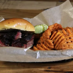 Burnt ends and Sweet potato fries