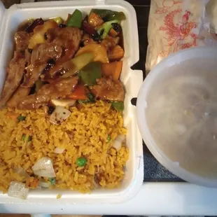 Hunan beef, fried rice and soup.