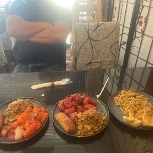 General chicken, sweet-and-sour chicken and lo mein noodles with crab Ragu seafood soup