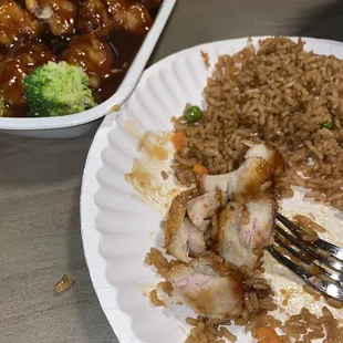 Undercooked General Tso's chicken with fried rice