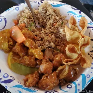 Plated Chinese Dinner: Lemon Chicken, Hot Garlic Chicken &amp; Crab Rangoon