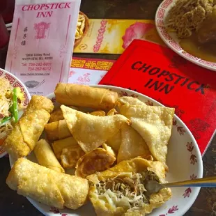 Spicy Pork Shrimp Noodles , Chicken Egg Foo Young, Appetizers combo Love
