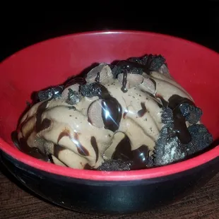 a bowl of ice cream and chocolate