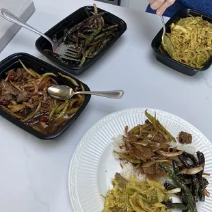 B2.Mongolian Beef, V1. Stir Fried String Bean and M12. Singapore rice noodle