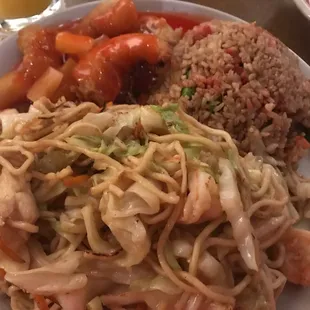 Sweet &amp; sour shrimp, pork fried rice, chow mein