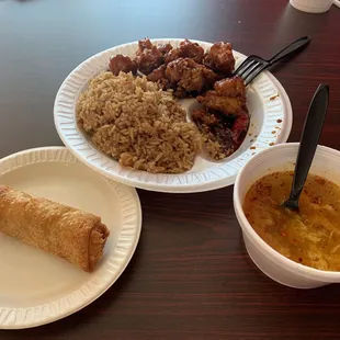 Lunch special - General Tso chicken, egg roll, egg drop soup $7.50