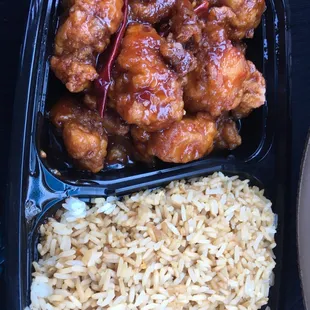 a plastic container with rice and meat