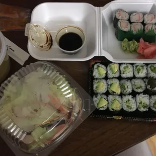 Vegetable maki with salad plus crab stick maki. Not bad for delivery sushi!