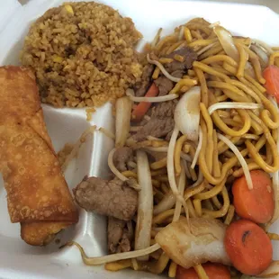 Beef lo mien with rice and egg roll