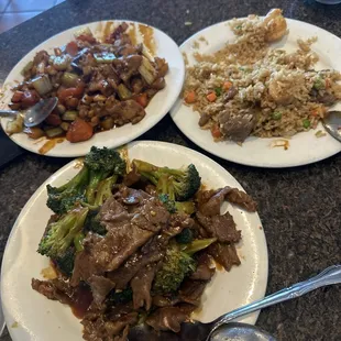 Kung Pao chicken, Beef with Broccoli, House Fried Rice.