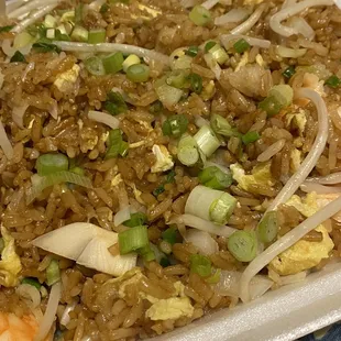 Prawn fried rice, no peas, no carrots, with bean sprouts and green onions.