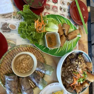 Extra Egg cake on the side  Spring roll (pork) Egg roll (pork shrimp)  Grilled pork vermicelli with egg roll  cilantro soup