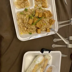 Tofu fried rice $13.  Tofu fresh spring rolls $5.