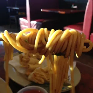 Behind these overly salty noodles lies the soggy overfilled cream cheese and &quot;crab&quot; (I never saw any crab ....) puffs.