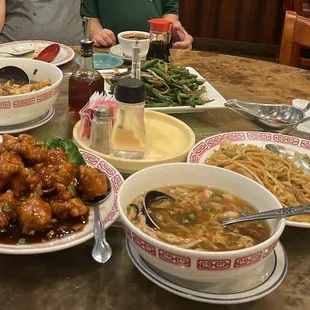 Orange chicken- hot and sour- chicken chow mein- green beans