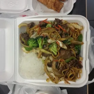 Miso soup, beef yakisoba (with rice), and an egg roll