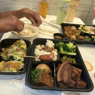 Basil chicken, pork belly, &amp; a side oyster omelette and sausage.  Thai tea, avocado &amp; papaya smoothie.