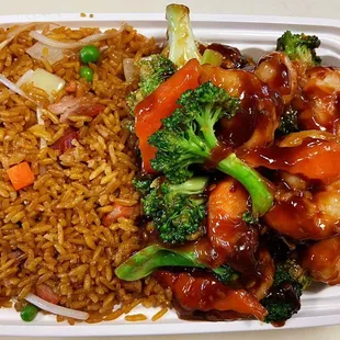 Shrimp broccoli dinner combo with pork fried rice