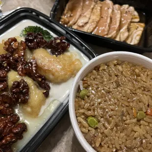 Walnut Shrimp with fried rice and Salmon Tataki