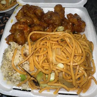 Fried rice and chow mein with orange chicken