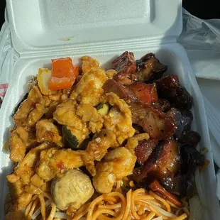 Mushroom chicken and bbq pork with chow mein noodles.