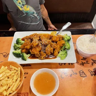 $14.95 | Sesame Chicken. The dinner option is a bigger portion than the lunch special, but only comes with a side of white rice.