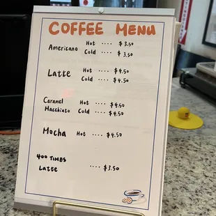Coffee menu