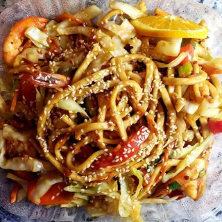 Woked Spicy Udon Noodles with Shrimp