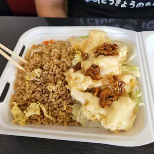 Lunch special - honey walnut prawns and fried rice