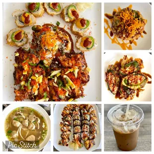 Variety of sushi rolls, Dragon Egg with Salmon, Happy Jalapeño, Phi Tai Bo Vien, Vietnamese Coffee