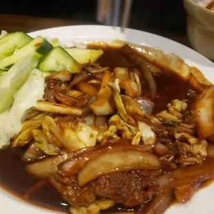 3 pieces of meat. All onion