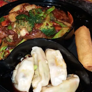 Hunan Beef with Veggie Spring Roll and Veggie Dumplings