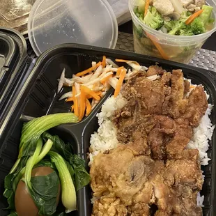 pork chop &quot;street meal&quot; w/ tea egg and chicken rice soup.. minced meat under the pork.