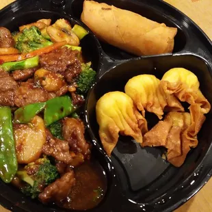 Pick Three Combo (packaged &apos;to go):  Hunan Beef, Spring Roll and Crab Cream Cheese Bites