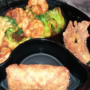 Shrimp and Broccoli and Egg Roll and Fried Chicken Wontons