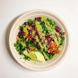 Chicken Tinga Bowl (warm) - added red peppers and olives in place of cheese and tortillas chips