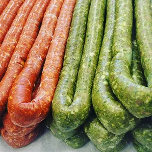 Red pork chorizo (mild, medium and spicy) &amp; green pork chorizo (made with Chile serrano and chile poblano)