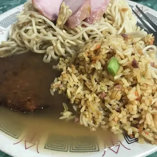 Pan fried noodles, pork fried rice, egg foo young and roast pork slices.