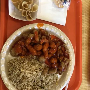 a plate of food on a tray
