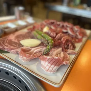 a plate of meat and asparagus