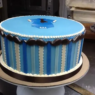 a blue and white cake